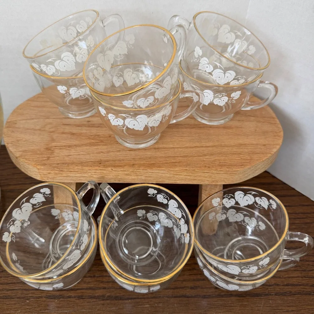 Vintage Anchor Hocking White Grape Leaf‎ Punch Bowl Set Ladle 12 Cups Gold Trim